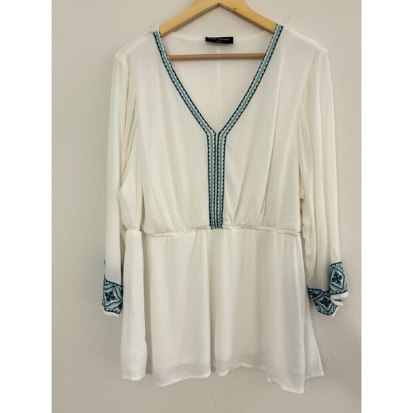 Lane Bryant Tops - Lane Bryant Womens Shirt Boho Top Sz 18 White with Trim 3/4 Sleeve